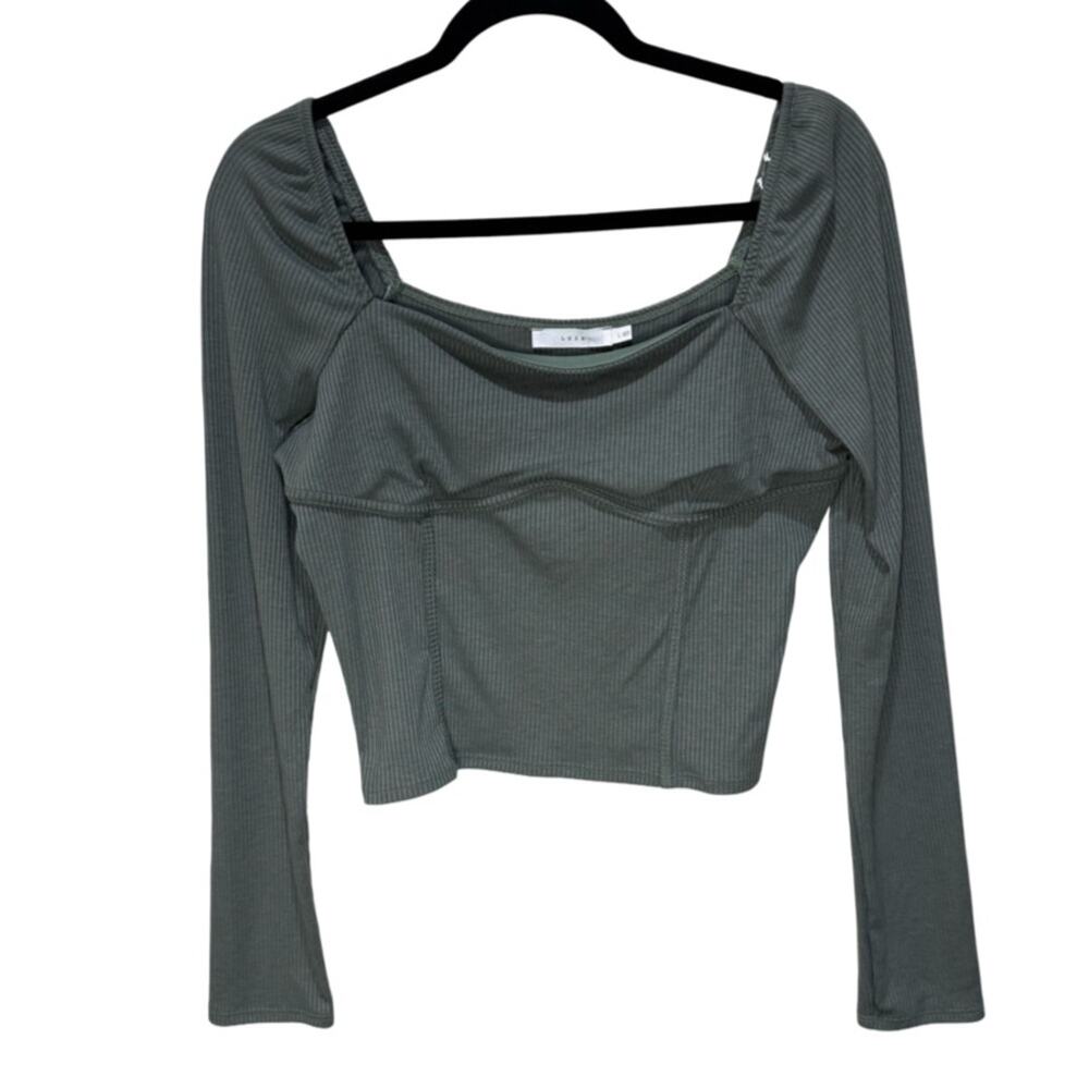 Lush Corset Silhouette Long Sleeve Top Ribbed Jersey Stretch Green Size L